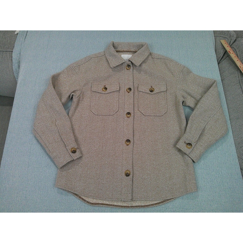 Avec Les Filles Women's‎ Cream Brown Herringbone Shacket Shirt Jacket Size S